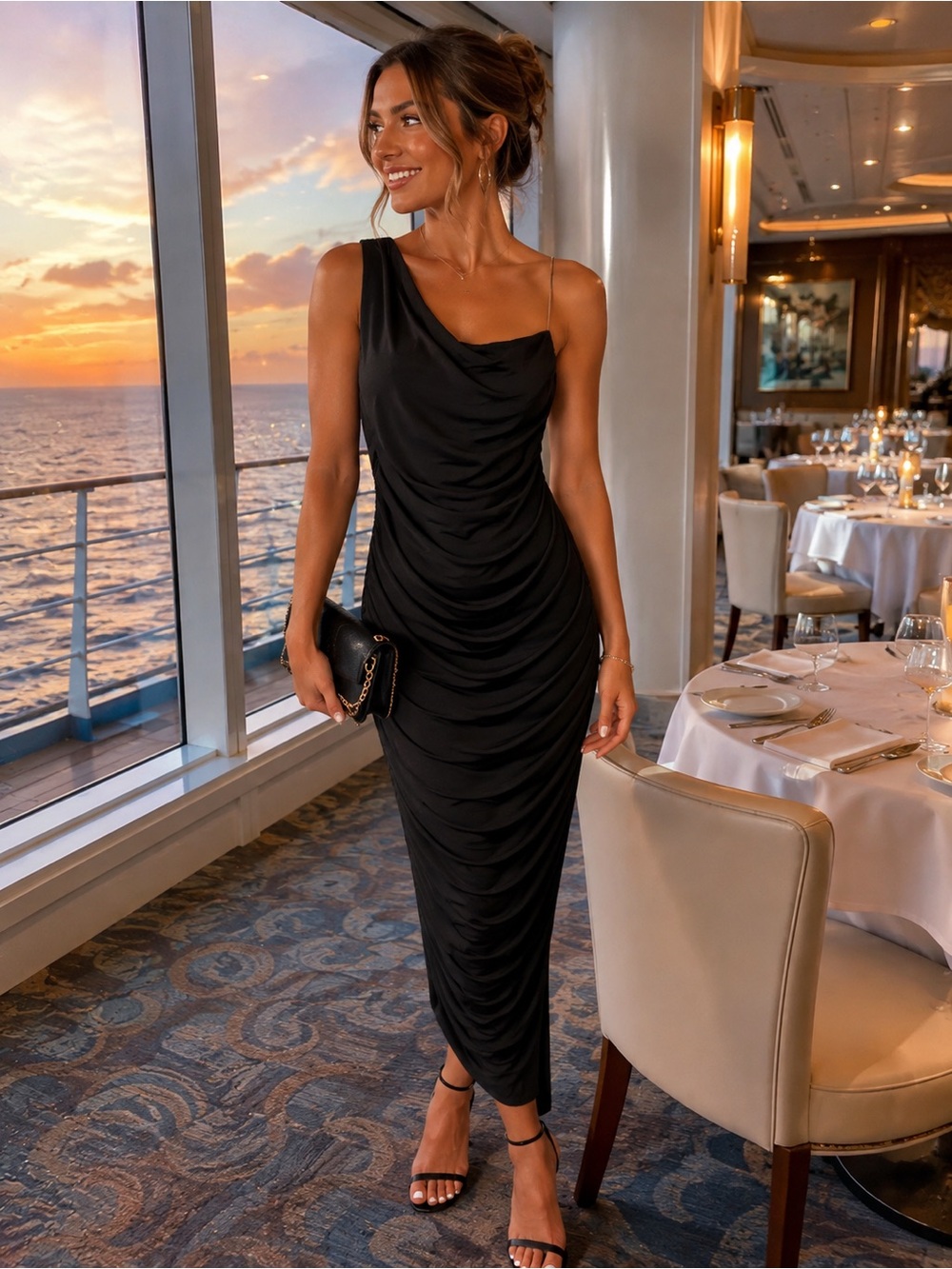 Lulus Black One Shoulder Ruched Bodycon Midi Dress Size Large